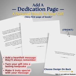 May include: Image shows dedication pages for a gift. Text includes "Add a Dedication Page - A Personal Touch To Your Gift" and options to add a heartfelt message, turn the gift into a lasting keepsake, and make it special with a message.