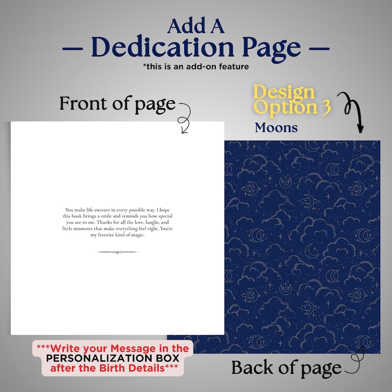 May include: A dedication page design with the text "Add A Dedication Page" and "Front of page" on the left. The right side shows a dark blue background with a moon and cloud pattern. The text "Design Option 3 Moons" is also visible.
