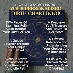 May include: A navy blue personalized birth chart book with gold lettering and a zodiac wheel design. The book includes the name "Amanda" and the date "September 20, 2002". The cover text reads "What to Expect Inside Your Personalized Birth Chart Book".