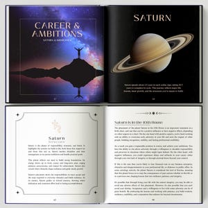 May include: Open book with pages displaying astrological information. One page features the title "CAREER & AMBITIONS" with a silhouette of a person. The other page shows an illustration of Saturn with its rings. Text details Saturn's influence.