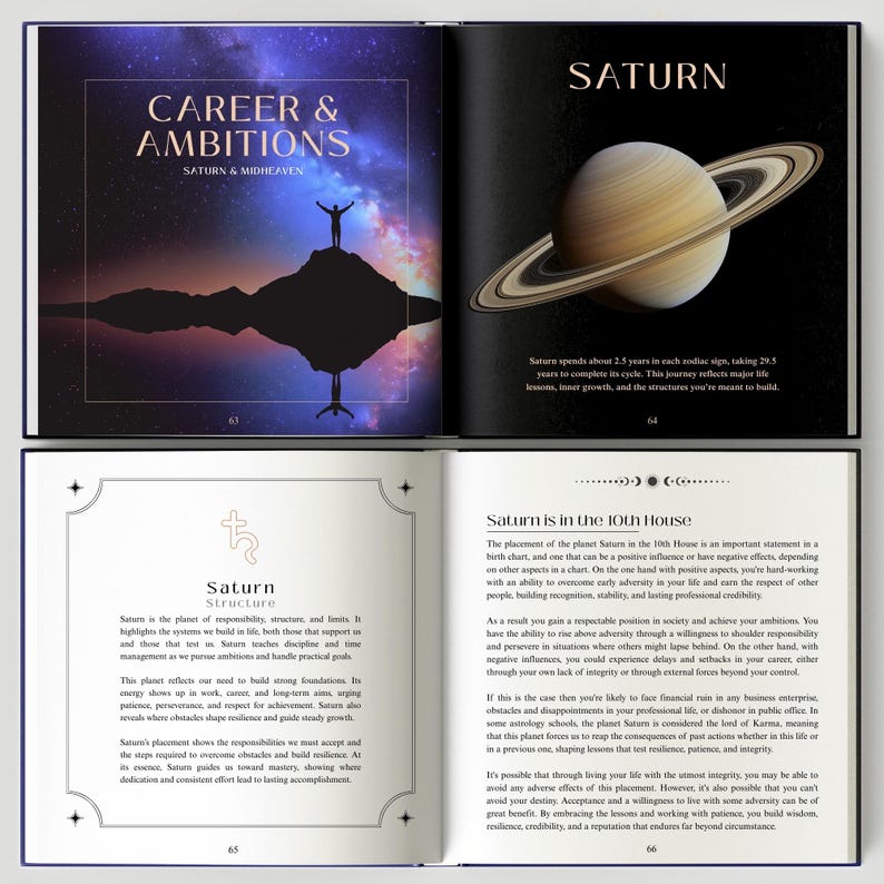 May include: Open book with pages displaying astrological information. One page features the title "CAREER & AMBITIONS" with a silhouette of a person. The other page shows an illustration of Saturn with its rings. Text details Saturn's influence.