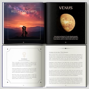May include: Open book with a sunset silhouette of a couple on the left page, and a depiction of Venus on the right. Text includes "Relationships" and "Venus", with detailed astrological information.