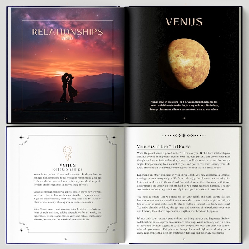 May include: Open book with a sunset silhouette of a couple on the left page, and a depiction of Venus on the right. Text includes "Relationships" and "Venus", with detailed astrological information.