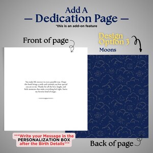 May include: A dedication page design with the text "Add A Dedication Page" and "Front of page" on the left. The right side shows a dark blue background with a moon and cloud pattern. The text "Design Option 3 Moons" is also visible.
