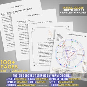 May include: A stack of astrology birth chart pages with text and colorful diagrams. The pages include the text "Astrology & The Birth Chart", "Venus is in Leo", and "Jupiter Expands". The pages are 8x8 inches (20x20 cm) and in full color.