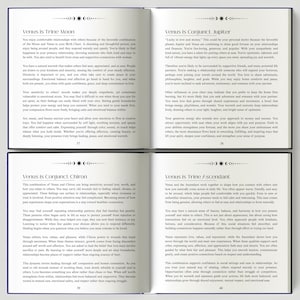 May include: Open book pages with text about astrology, featuring headings like "Venus is Trine Moon" and "Venus is Conjunct Jupiter." The pages are from a book about astrology and relationships.