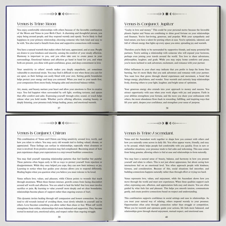 May include: Open book pages with text about astrology, featuring headings like "Venus is Trine Moon" and "Venus is Conjunct Jupiter." The pages are from a book about astrology and relationships.