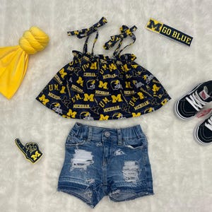 University of Michigan Wolverines Inspired Baby Outfit: 12-18 Months, Handmade Tie Strap Swing Tank & Upcycled Denim Shorts