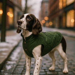 May include: A brown and white dog wearing a green quilted vest stands on a cobblestone street. The dog has brown eyes and floppy ears. The vest has a button closure. The background shows buildings and blurred lights.