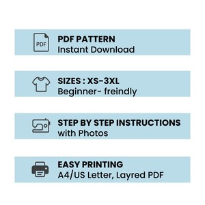 May include: A graphic with text and icons for a PDF pattern. The text includes "PDF PATTERN Instant Download", "SIZES: XS-3XL Beginner-friendly", "STEP BY STEP INSTRUCTIONS with Photos", and "EASY PRINTING A4/US Letter, Layered PDF".