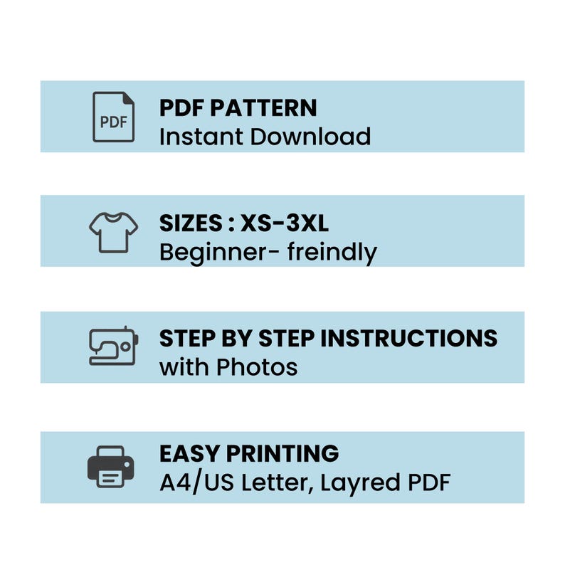 May include: A graphic with text and icons for a PDF pattern. The text includes "PDF PATTERN Instant Download", "SIZES: XS-3XL Beginner-friendly", "STEP BY STEP INSTRUCTIONS with Photos", and "EASY PRINTING A4/US Letter, Layered PDF".