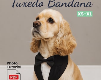 May include: A golden-colored dog wearing a black and white tuxedo bandana with a black bow tie. The image includes the text Tuxedo Bandana, XS-XL, and Photo Tutorial PDF Pattern. The bandana features a white shirt front and black lapels.