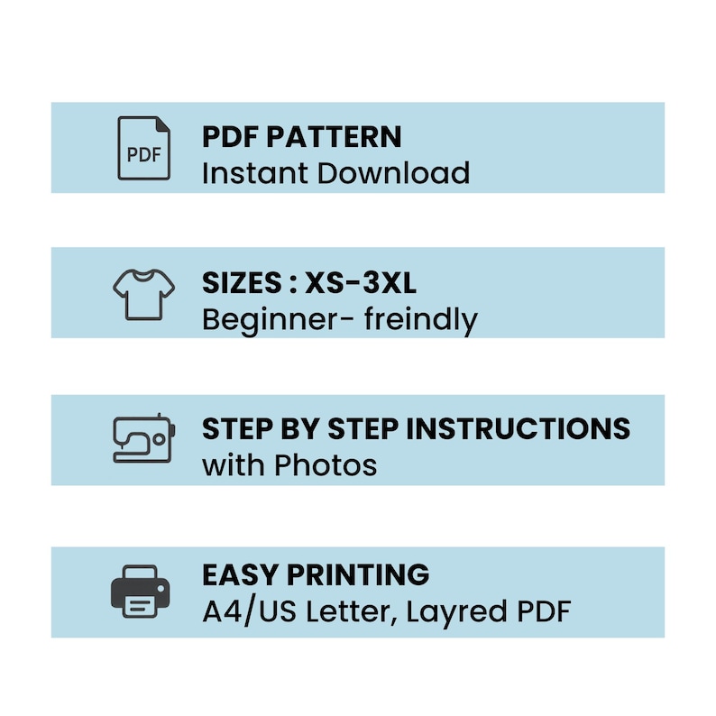 May include: A graphic with text and icons for a PDF pattern. The text includes "PDF PATTERN Instant Download", "SIZES: XS-3XL Beginner-friendly", "STEP BY STEP INSTRUCTIONS with Photos", and "EASY PRINTING A4/US Letter, Layered PDF".