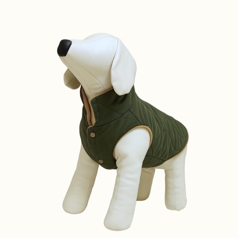 May include: A quilted olive green dog vest with a brown collar and trim. The vest has a button closure and a diamond pattern. The dog vest is designed to keep your dog warm and comfortable.