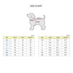 May include: A white size chart for dog clothing, featuring a dog silhouette with labeled measurement points. The chart includes sizes XS to 3XL, with measurements in inches for neck, chest, and length.