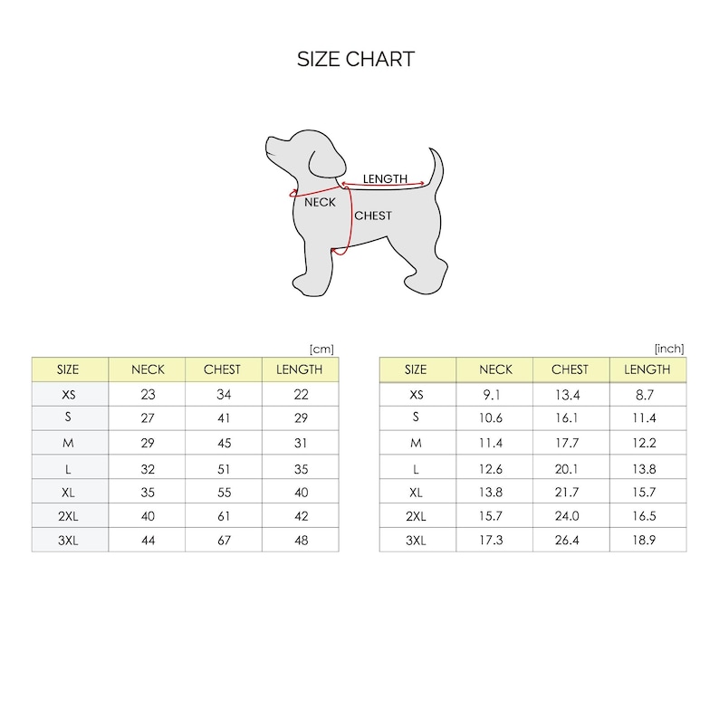 May include: A white size chart for dog clothing, featuring a dog silhouette with labeled measurement points. The chart includes sizes XS to 3XL, with measurements in inches for neck, chest, and length.