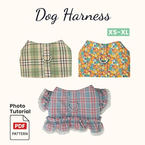 Puede incluir: Tres arneses para perro con anillos en D de metal. Uno es de cuadros verdes, otro naranja con estampado floral y otro de cuadros azules y rojos con ribete de encaje. Texto: Dog Harness, XS-XL, Photo Tutorial PDF Pattern.