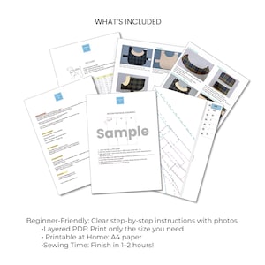 May include: A collection of printed documents, including a size chart, diagrams, and instructions, labeled "WHAT'S INCLUDED." The documents feature illustrations of a dog and sewing patterns. Text on the documents includes "Sample" and "Beginner-Friendly: Clear step-by-step instructions with photos."