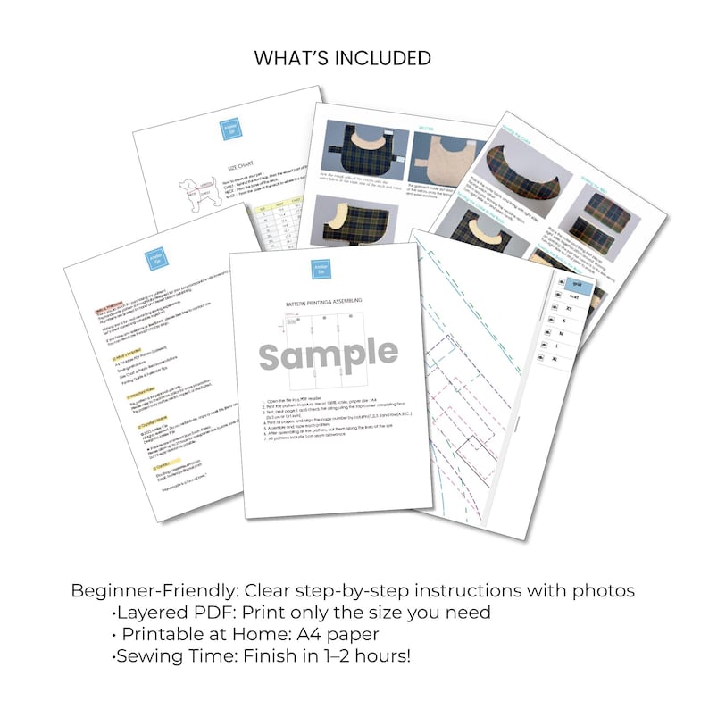 May include: A collection of printed documents, including a size chart, diagrams, and instructions, labeled "WHAT'S INCLUDED." The documents feature illustrations of a dog and sewing patterns. Text on the documents includes "Sample" and "Beginner-Friendly: Clear step-by-step instructions with photos."