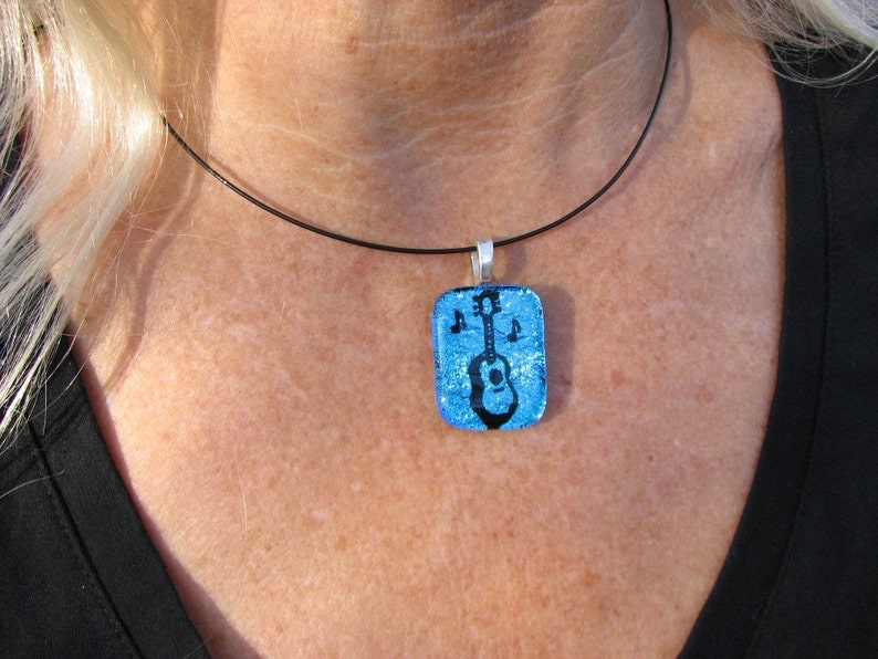 Hand Etched Blue Guitar Pendant image 1