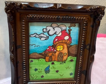 Original ink drawing- Mushroom village