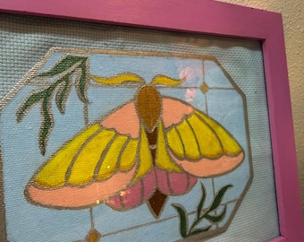Hand painted original stained glass inspired rose moth artwork