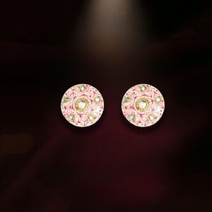Hand-Painted Pink Floral Stud Earrings in 925 Sterling Silver | Enamel Work Round Studs | Unique Handmade Jewelry Gift