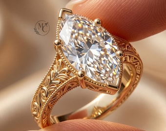 Vintage Marquise Moissanite Engagement Ring, 3CT Hand Engraved Filigree Ring, Solid Gold Silver Ring, Promise Ring, Anniversary Gift