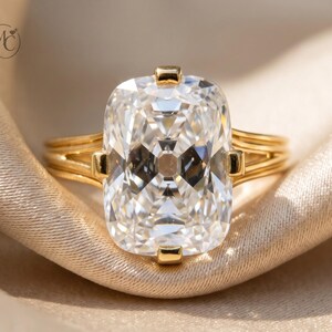 Ring mit länglichem Moissanit-Schliff im Kissenschliff, Vintage-Verlobungsring, Goldring mit geteilter Ringschiene, luxuriöses Jahrestagsgeschenk für Sie