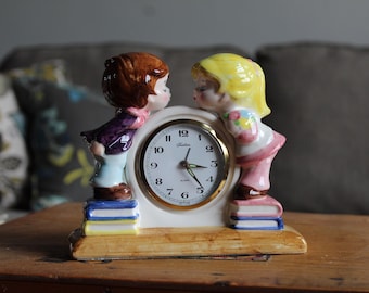 Vintage Clock Kids Kissing Figural Clock Alarm Clock Japan Kitch Cute Kids Kissing Clock