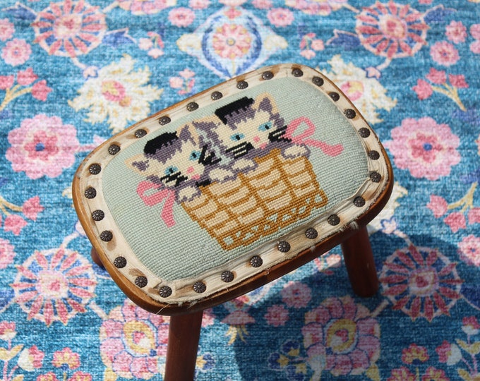 Needlework Foot Rest Step Stool Vintage Stool Cat Needlework Cottage