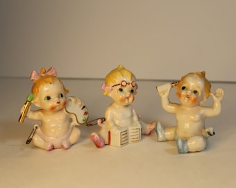 Baby Figurines in Diapers with saftey pin Set of Three Babies Shower Cake Topper diaper pin babies