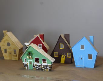 Mid Century Putz Style Houses Large Cardboard Village Red House Yellow House MCM House Retro houses
