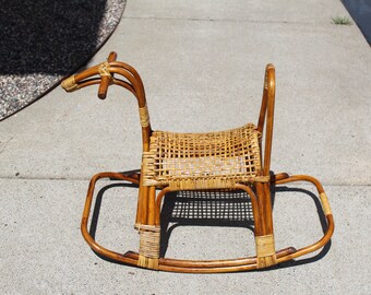 Franco Albini Rattan Wood Rocking Horse Cane MCM Franco Albini Ratan  Rocking Horse Cane Bamboo Rocking Horse, Cane Wicker MCM