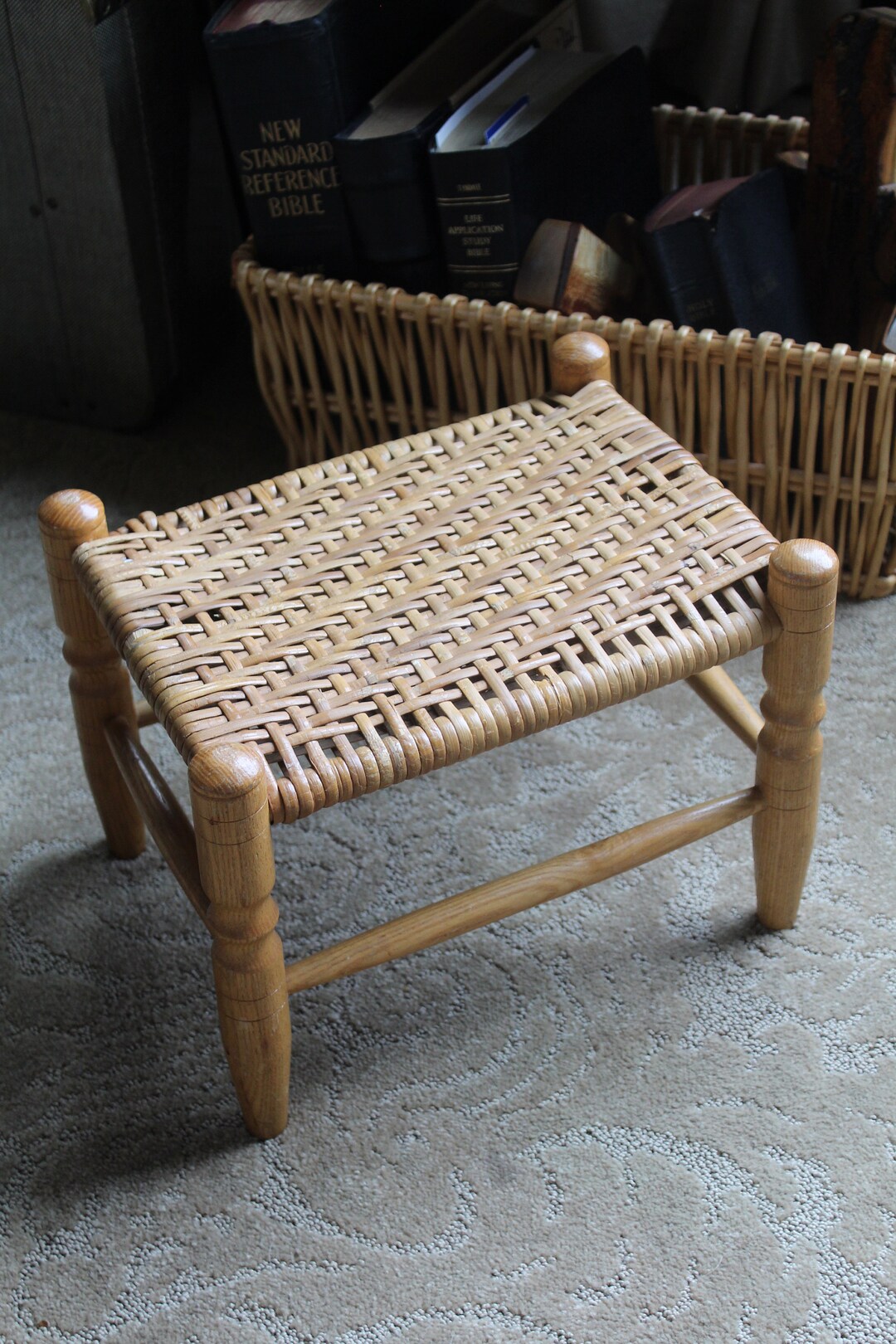 Vintage Cane Foot Stool Foot Rest Furniture Wood Foot Rest Etsy