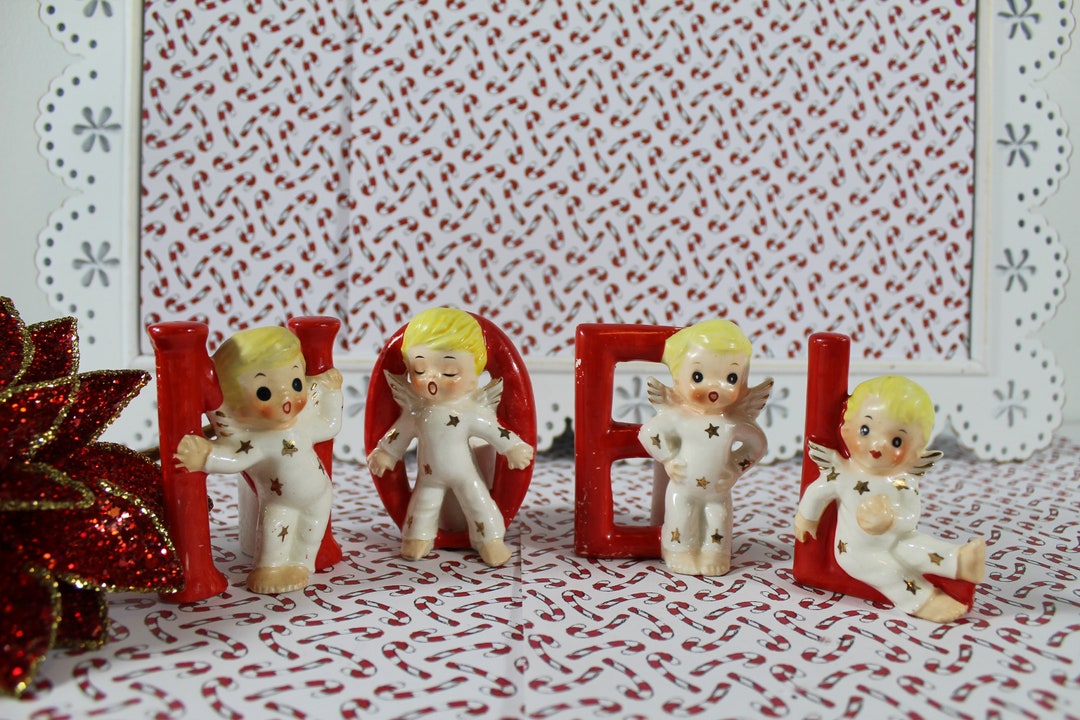 NOEL Angel Candle Holder Set Shafford MCM Christmas Angel Candle