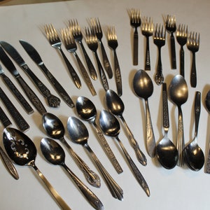 Mid Century Mismatched Flatware Service for 6 Silverware Flatware MCM Flatware Stainless  Spoons Knives Dining Serving MCM Flatware Set 6