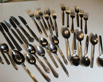 Mid Century Mismatched Flatware Service for 6 Silverware Flatware MCM Flatware Stainless  Spoons Knives Dining Serving MCM Flatware Set 6