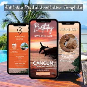 Cancun Birthday Trip Video Template, Personalized Itinerary Digital Download, Digital Invitation, Editable Digital Invitation Template