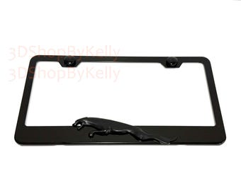 JaguarLeaper License Plate Frame: 3D Black Emblem, Black Powder Coated Steel, Car Tag Holder