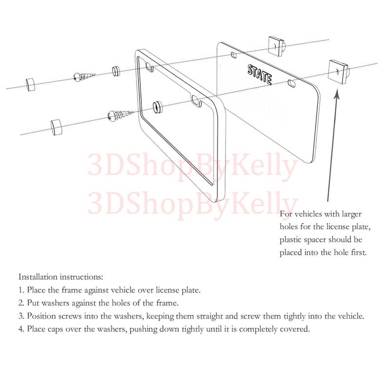 May include: A technical diagram showing the installation of a license plate frame. The image displays a frame, a license plate labeled STATE, screws, washers, and caps. Text instructions detail the four-step assembly process for vehicle mounting.