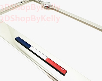 French Flag Color License Plate Frame: 3D Emblem, Stainless Steel Chrome Car Tag Holder