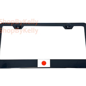 Black Metal License Plate Frame with Japan Flag Badge, Car Tag Holder, Fits Standard US License Plates, Screw Caps Included