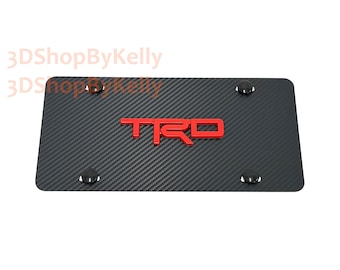 Red 3D TRDEmblem Badge: Carbon Fiber Style, Aluminum Front Vanity License Plate