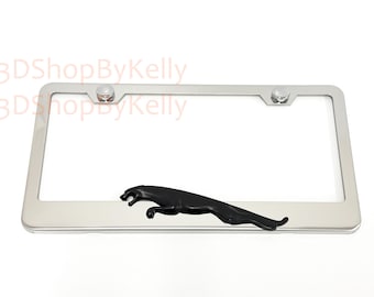 JaguarLeaper License Plate Frame: 3D Black Emblem, Stainless Steel Chrome Car Tag Holder