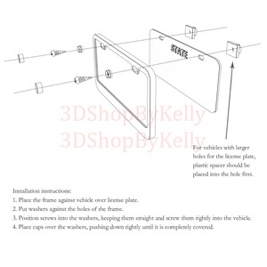 May include: A technical diagram showing the installation of a license plate frame. The image displays a frame, a license plate labeled STATE, screws, washers, and caps. Text instructions detail the four-step assembly process for vehicle mounting.