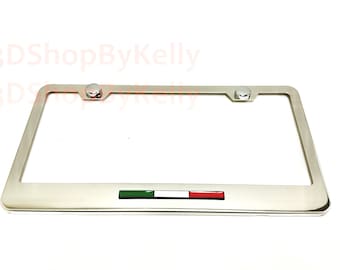 Italy Flag Color License Plate Frame: 3D Emblem, Stainless Steel Chrome Car Tag Holder