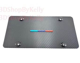 3D Tri-Color Stripe Emblem: Carbon Fiber Style, Aluminum Front Vanity License Plate