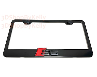 Black/Red S5 License Plate Frame: 3D Emblem, Black Powder Coated Steel Car Tag Holder