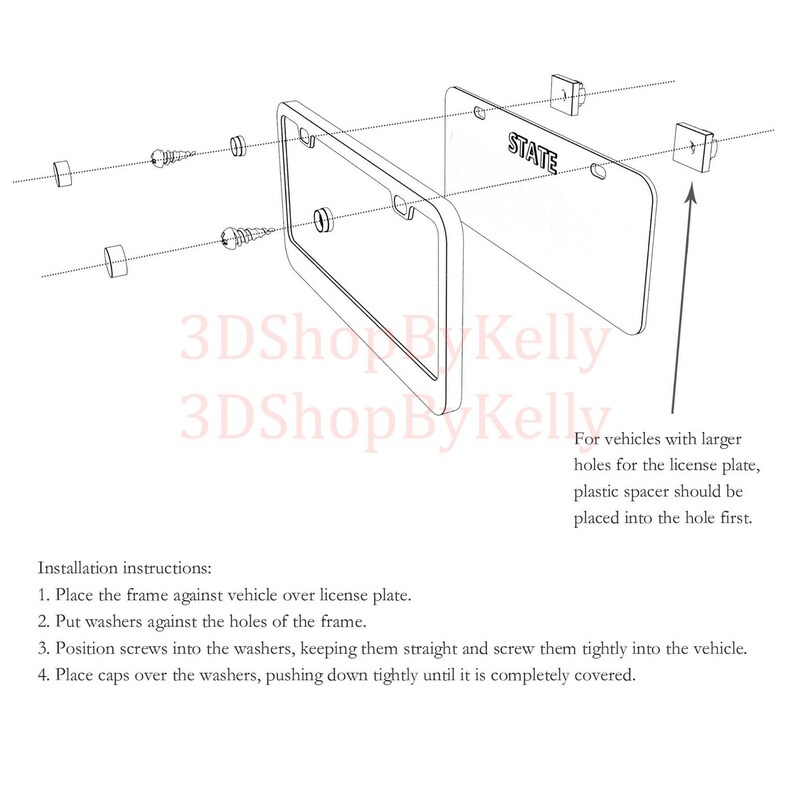 May include: A technical diagram showing the installation of a license plate frame. The image displays a frame, a license plate labeled STATE, screws, washers, and caps. Text instructions detail the four-step assembly process for vehicle mounting.